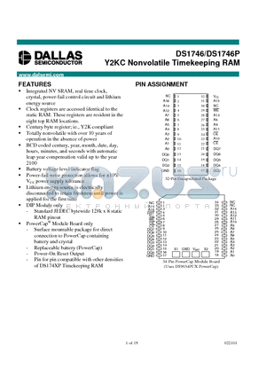 DS1746W-120IND datasheet - Y2K-Compliant, Nonvolatile Timekeeping RAMs