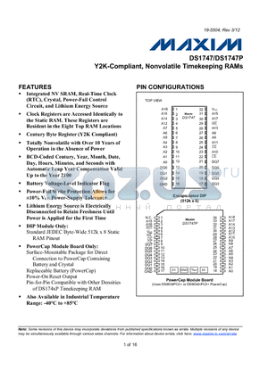 DS1747-70+ datasheet - Y2K-Compliant, Nonvolatile Timekeeping RAMs