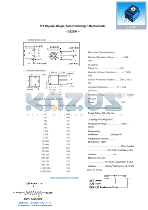 3323W200 datasheet - 77 Square/ Single Turn /Trimming Potentiometer