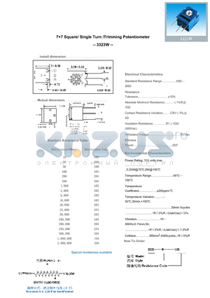 3323W101 datasheet - 77 Square/ Single Turn /Trimming Potentiometer