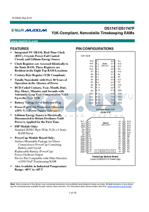 DS1747P datasheet - Y2K-Compliant, Nonvolatile Timekeeping RAMs