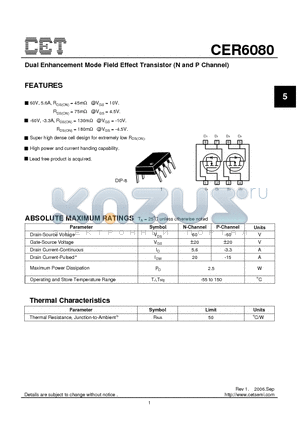 CER6080 datasheet - Dual Enhancement Mode Field Effect Transistor (N and P Channel)
