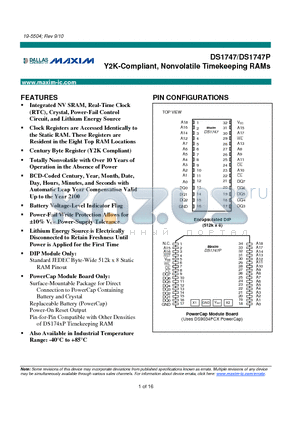 DS1747-70+ datasheet - Y2K-Compliant, Nonvolatile Timekeeping RAMs