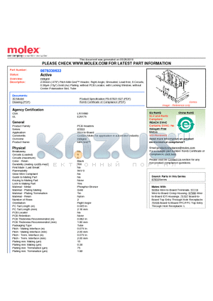 87833-0633 datasheet - 2.00mm (.079) Pitch Milli-Grid Header, Right Angle, Shrouded, Lead-free, 6 Circuits, 0.38lm (15l) Gold (Au) Plating, without PCB Locator, with Locking Window