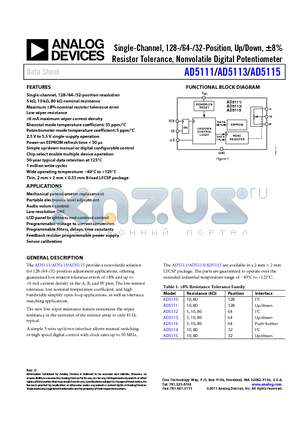 AD5110 datasheet - Single-Channel, 128-/64-/32-Position, Up/Down, a8% Resistor Tolerance, Nonvolatile Digital Potentiometer
