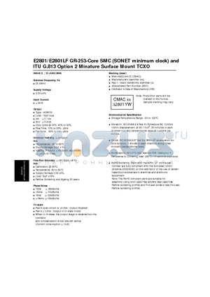 E2801 datasheet - GR-253-Core SMC (SONET minimum clock) and ITU G.813 Option 2 Minature Surface Mount TCXO