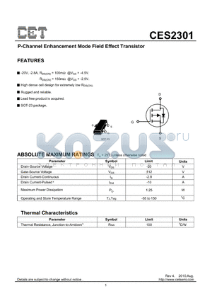 CES2301_10 datasheet - P-Channel Enhancement Mode Field Effect Transistor