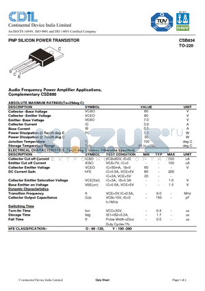 CSB834 datasheet - PNP SILICON POWER TRANSISTOR