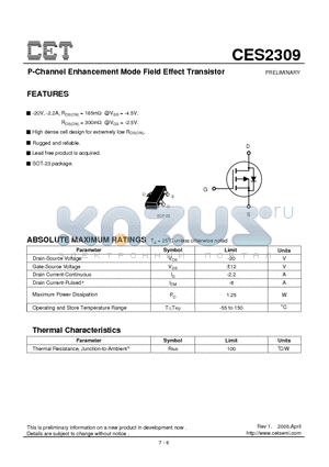 CES2309 datasheet - P-Channel Enhancement Mode Field Effect Transistor