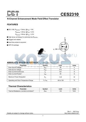 CES2310 datasheet - N-Channel Enhancement Mode Field Effect Transistor