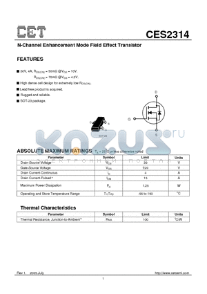 CES2314 datasheet - N-Channel Enhancement Mode Field Effect Transistor