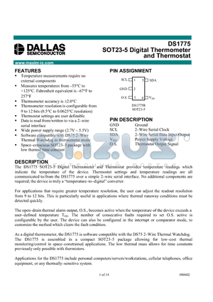 DS1775 datasheet - SOT23-5 Digital Thermometer and Thermostat