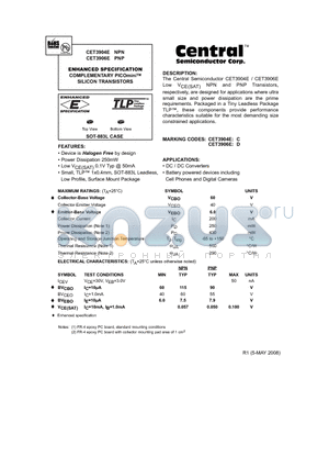 CET3904E datasheet - COMPLEMENTARY PICOminiTM SILICON TRANSISTORS