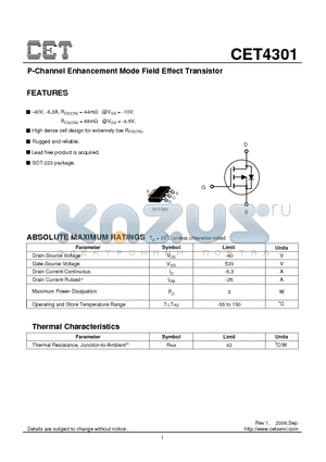 CET4301 datasheet - P-Channel Enhancement Mode Field Effect Transistor