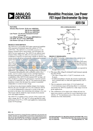 AD515 datasheet - Monolithic Precision, Low Power FET-Input Electrometer Op Amp