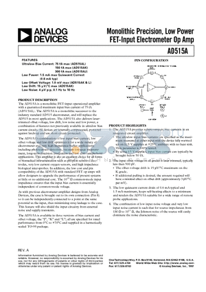 AD515A datasheet - Monolithic Precision, Low Power FET-Input Electrometer Op Amp