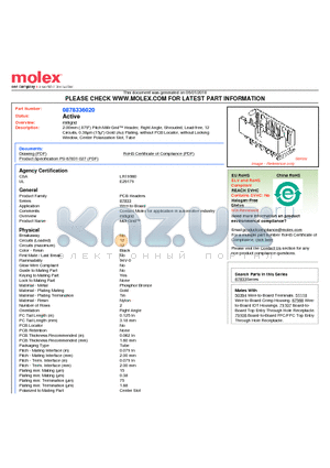 87833-6020 datasheet - 2.00mm (.079) Pitch Milli-Grid Header, Right Angle, Shrouded, Lead-free, 12 Circuits, 0.38lm (15l) Gold (Au) Plating, without PCB Locator