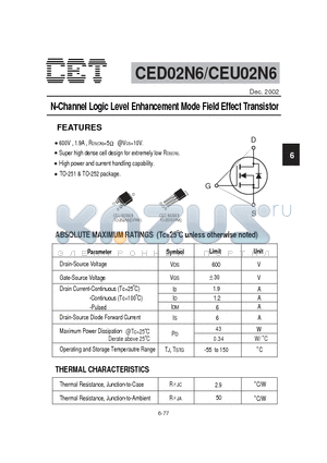 CEU02N6 datasheet - N-Channel Logic Level Enhancement Mode Field Effect Transistor