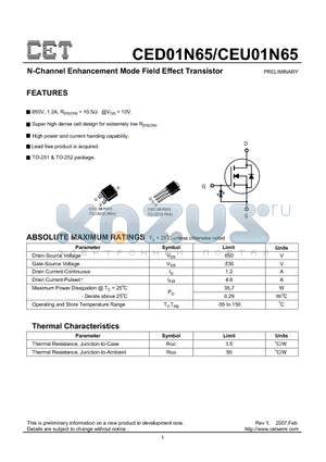 CEU01N65 datasheet - N-Channel Enhancement Mode Field Effect Transistor