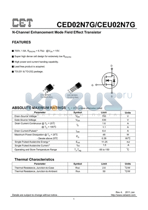 CEU02N7G datasheet - N-Channel Enhancement Mode Field Effect Transistor