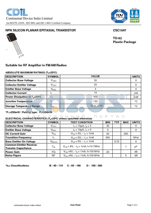 CSC1047 datasheet - NPN SILICON PLANAR EPITAXIAL TRANSISTOR