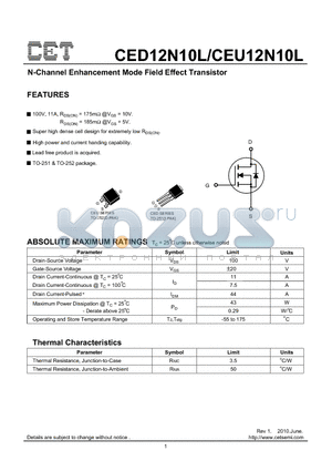 CEU12N10L datasheet - N-Channel Enhancement Mode Field Effect Transistor