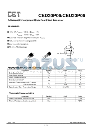 CEU20P06 datasheet - P-Channel Enhancement Mode Field Effect Transistor