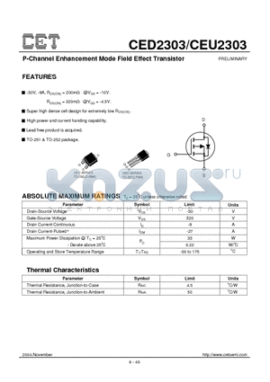 CEU2303 datasheet - P-Channel Enhancement Mode Field Effect Transistor