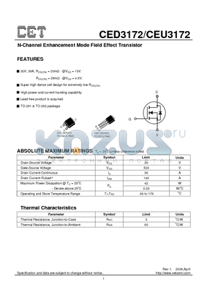 CEU3172 datasheet - N-Channel Enhancement Mode Field Effect Transistor