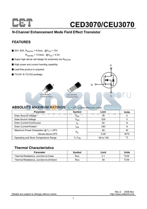 CEU3070 datasheet - N-Channel Enhancement Mode Field Effect Transistor