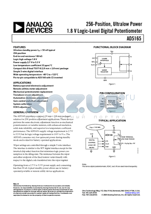 AD5165 datasheet - 256-Position, Ultralow Power 1.8 V Logic-Level Digital Potentiometer
