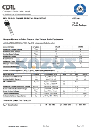 CSC2002 datasheet - NPN SILICON PLANAR EPITAXIAL TRANSISTOR