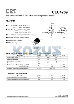 CEU4269_10 datasheet - Dual Enhancement Mode Field Effect Transistor (N and P Channel)