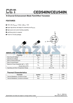CEU540N datasheet - N-Channel Enhancement Mode Field Effect Transistor