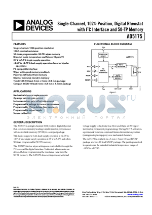 AD5175BCPZ-10-RL7 datasheet - Single-Channel, 1024-Position, Digital Rheostat with I2C Interface and 50-TP Memory