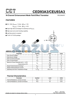 CEU93A3 datasheet - N-Channel Enhancement Mode Field Effect Transistor