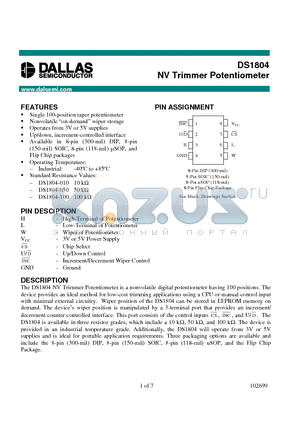 DS1804-100 datasheet - NV Trimmer Potentiometer