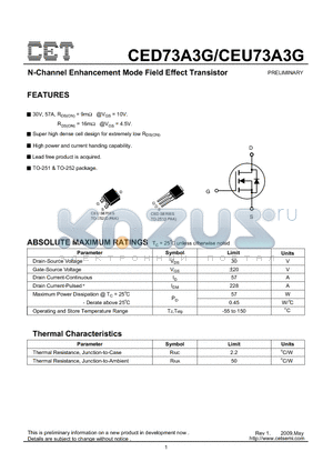 CEU73A3G datasheet - N-Channel Enhancement Mode Field Effect Transistor
