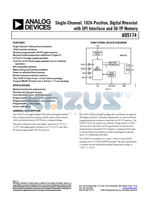 AD5174BRMZ-10 datasheet - Single-Channel, 1024-Position, Digital Rheostat with SPI Interface and 50-TP Memory