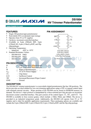 DS1804U-100 datasheet - NV Trimmer Potentiometer