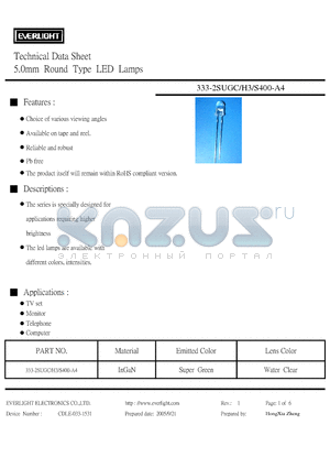 333-2SUGC/H3/S400-A4 datasheet - Technical Data Sheet 5.0mm Round Type LED Lamps