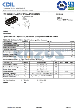 CSC3936 datasheet - NPN SILICON PLANAR EPITAXIAL TRANSISTORS