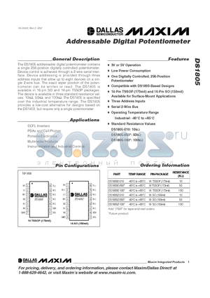 DS1805Z-100 datasheet - Addressable Digital Potentiometer