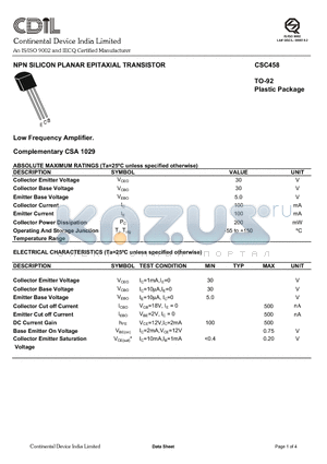 CSC458 datasheet - NPN SILICON PLANAR EPITAXIAL TRANSISTOR