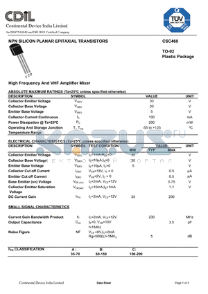 CSC460 datasheet - NPN SILICON PLANAR EPITAXIAL TRANSISTORS