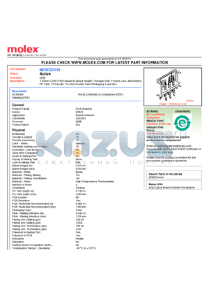 87872-1115 datasheet - 1.25mm (.049) Pitch Board-to-Board Header, Through Hole, Friction Lock, with Kinked PC Tails, 15 Circuits, Tin (Sn) Overall, Tube Packaging, Lead-free