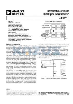 AD5222BRU1M datasheet - Increment/Decrement Dual Digital Potentiometer