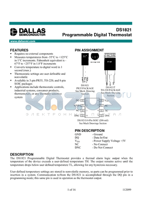 DS1821 datasheet - Programmable Digital Thermostat