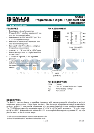 DS1821 datasheet - Programmable Digital Thermostat and Thermometer