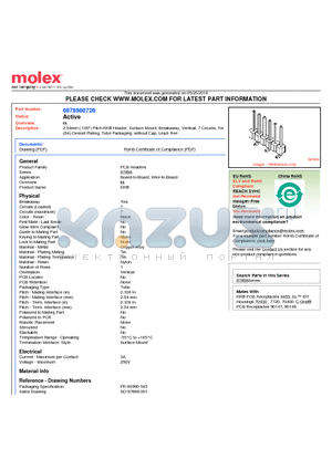 87898-0726 datasheet - 2.54mm (.100) Pitch KK^ Header, Surface Mount, Breakaway, Vertical, 7 Circuits, Tin (Sn) Overall Plating, Tube Packaging, without Cap, Lead- free